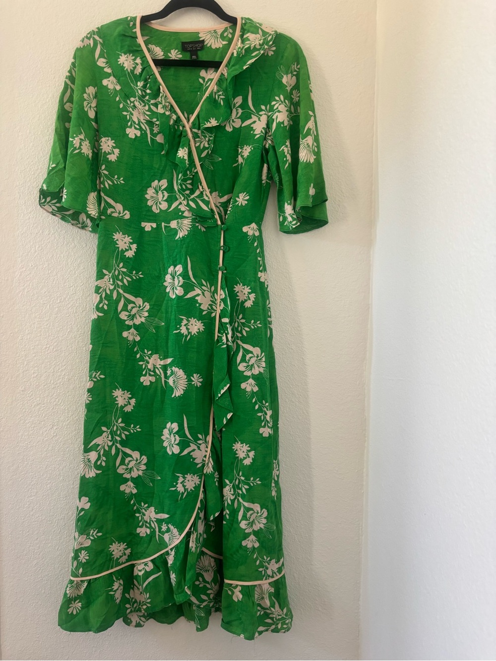 Topshop Green Floral Wrap Maxi/midi Dress with Cream Trim